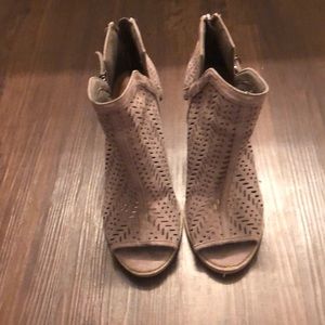 taupe chunky heel open toe booties